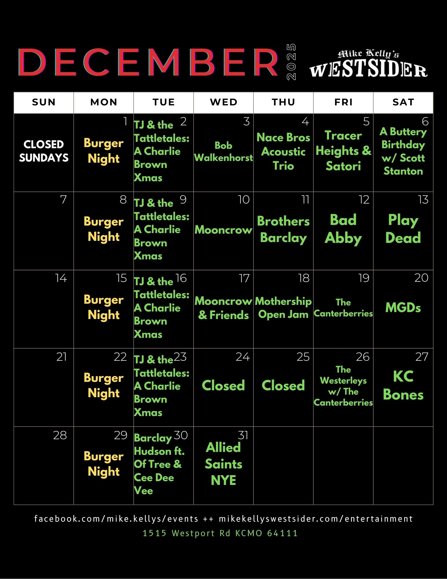 Mike Kelly's Westsider December 2025 live music calendar