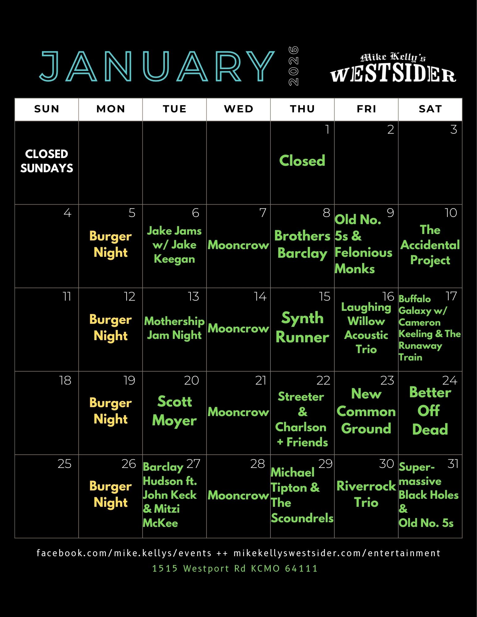 January 2026 Westsider live music calendar