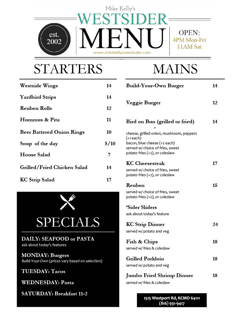 Mike Kelly's Westsider Menu