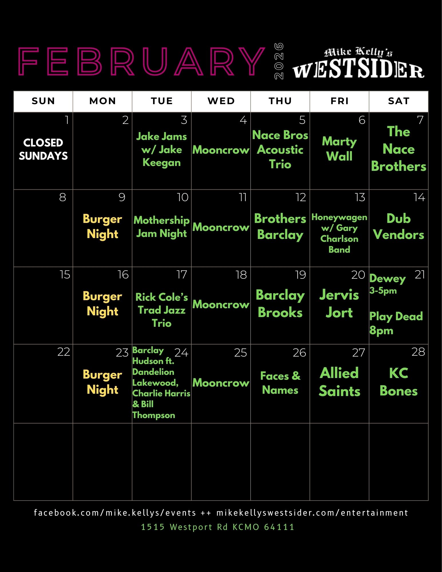 Mike Kelly's Westsider February 2026 live music