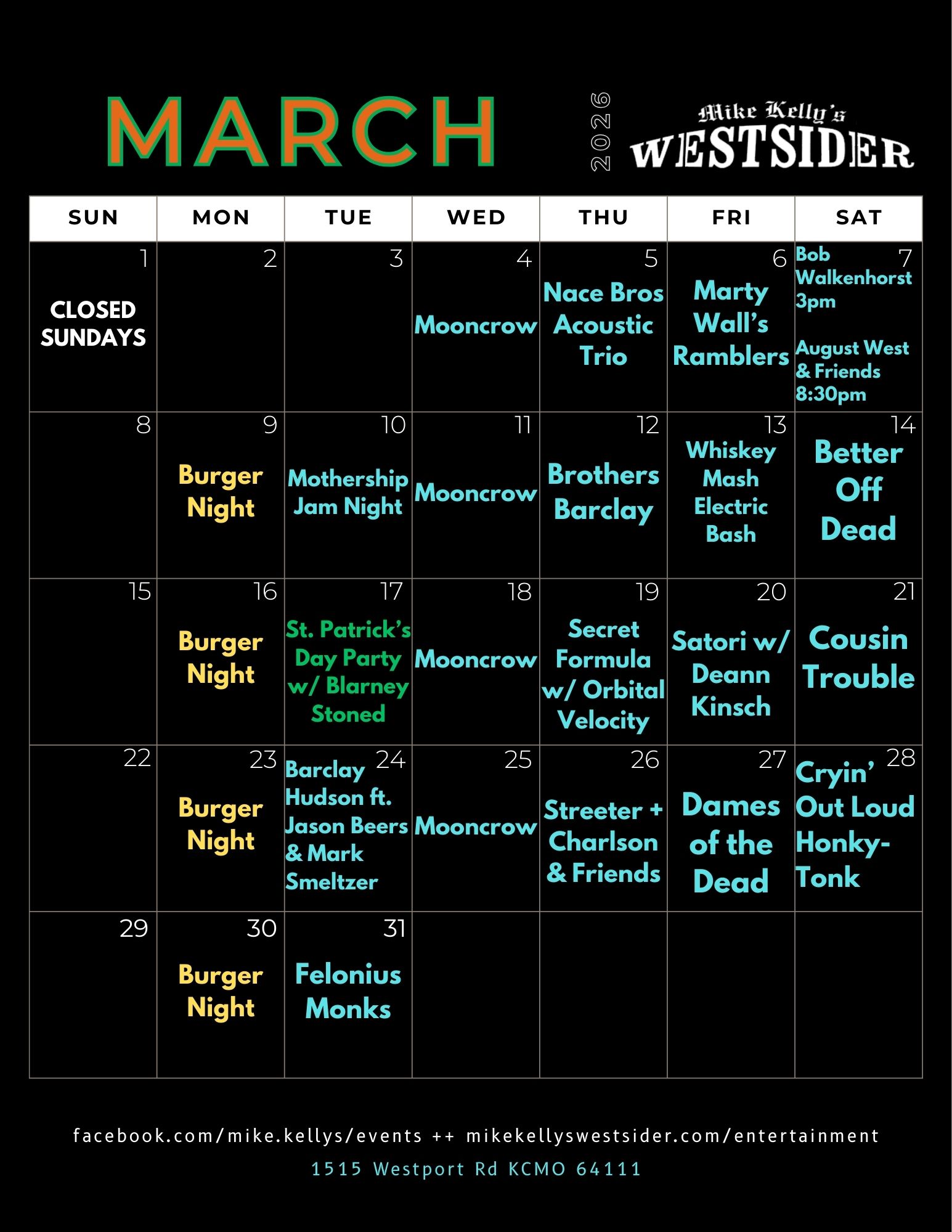 Mike Kelly's Westsider March 2026 live music calendar