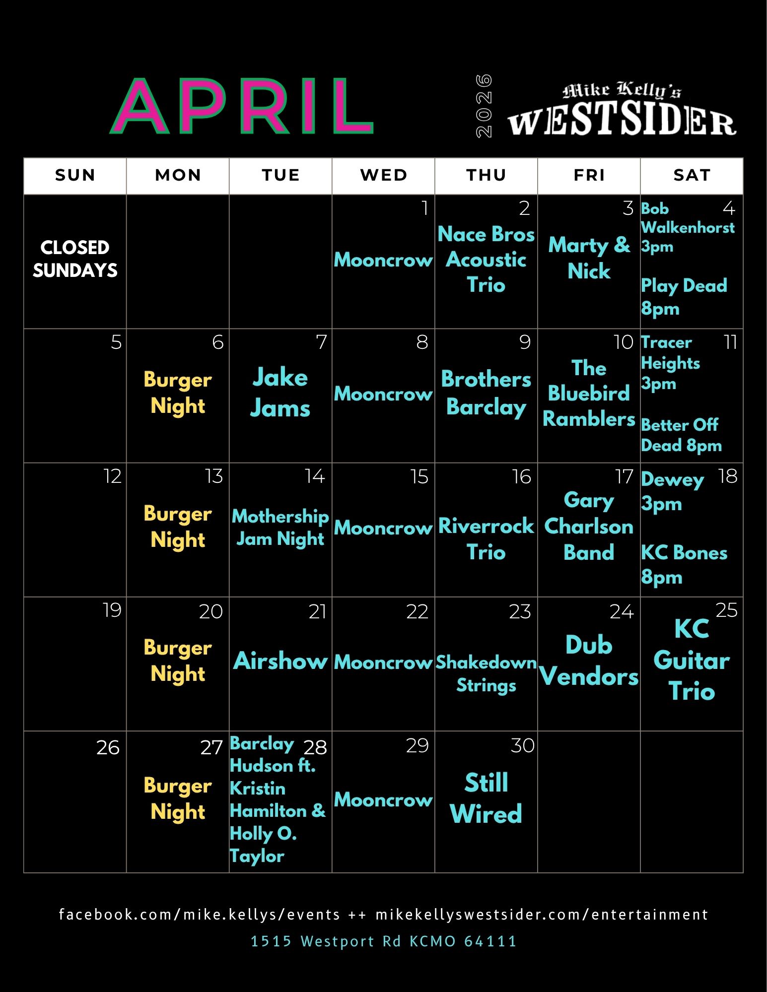 Mike Kelly's Westsider April 2026 live music calendar